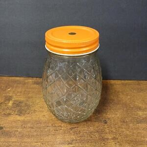 Pineapple Quilted Glass Drinking Jar w/ Orange Lid